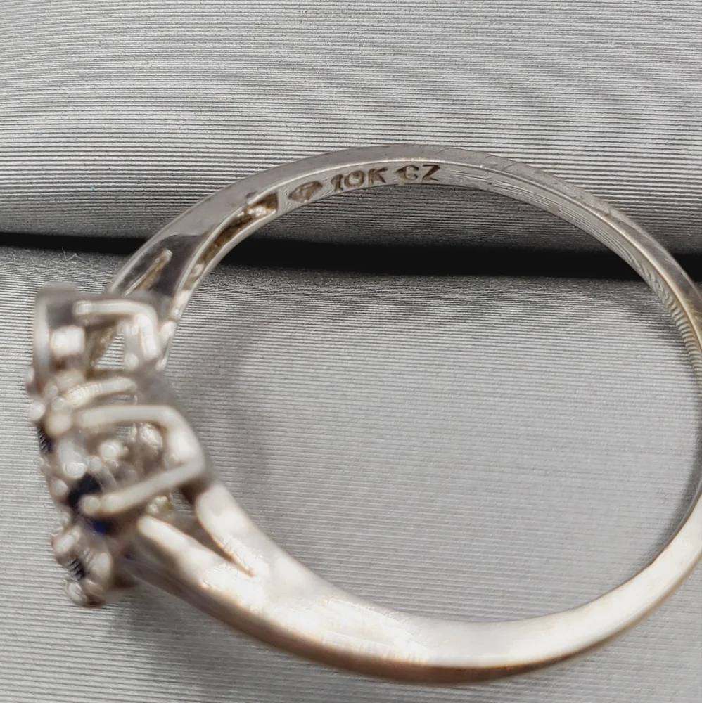 10k Solid White Gold Genuine Blue Sapphire & Simulated Diamond Heart Ring